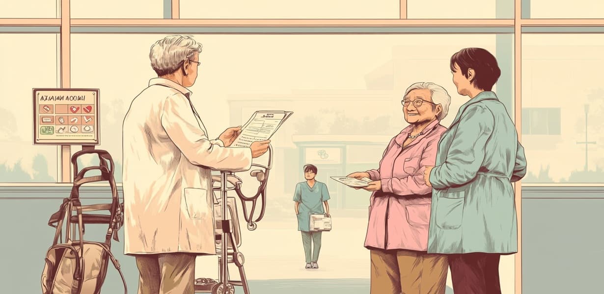 건강검진을 받는 어르신과 미소 짓는 의사, 병원과 청진기 아이콘이 함께 있는 장면