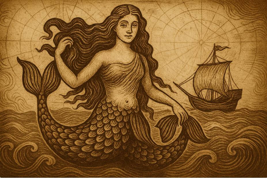 고대 항해 배경의 세이렌 판화 이미지