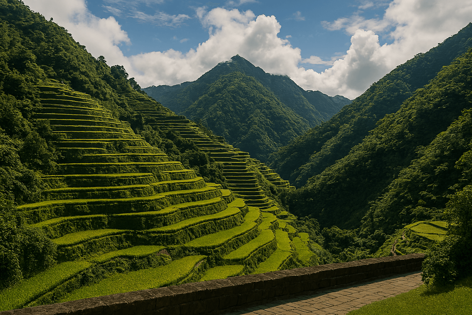 바나우에 계단식 논에 가득 찬 맑은 물 위에 푸른 하늘과 구름이 아름답게 반영된 풍경. 필리핀여행의 평화로운 순간이다.