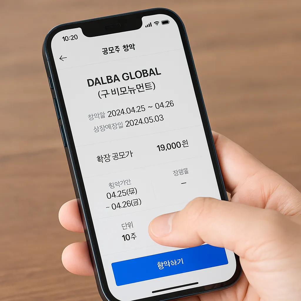 스마트폰에서 달바글로벌 공모 청약 정보를 확인하는 장면