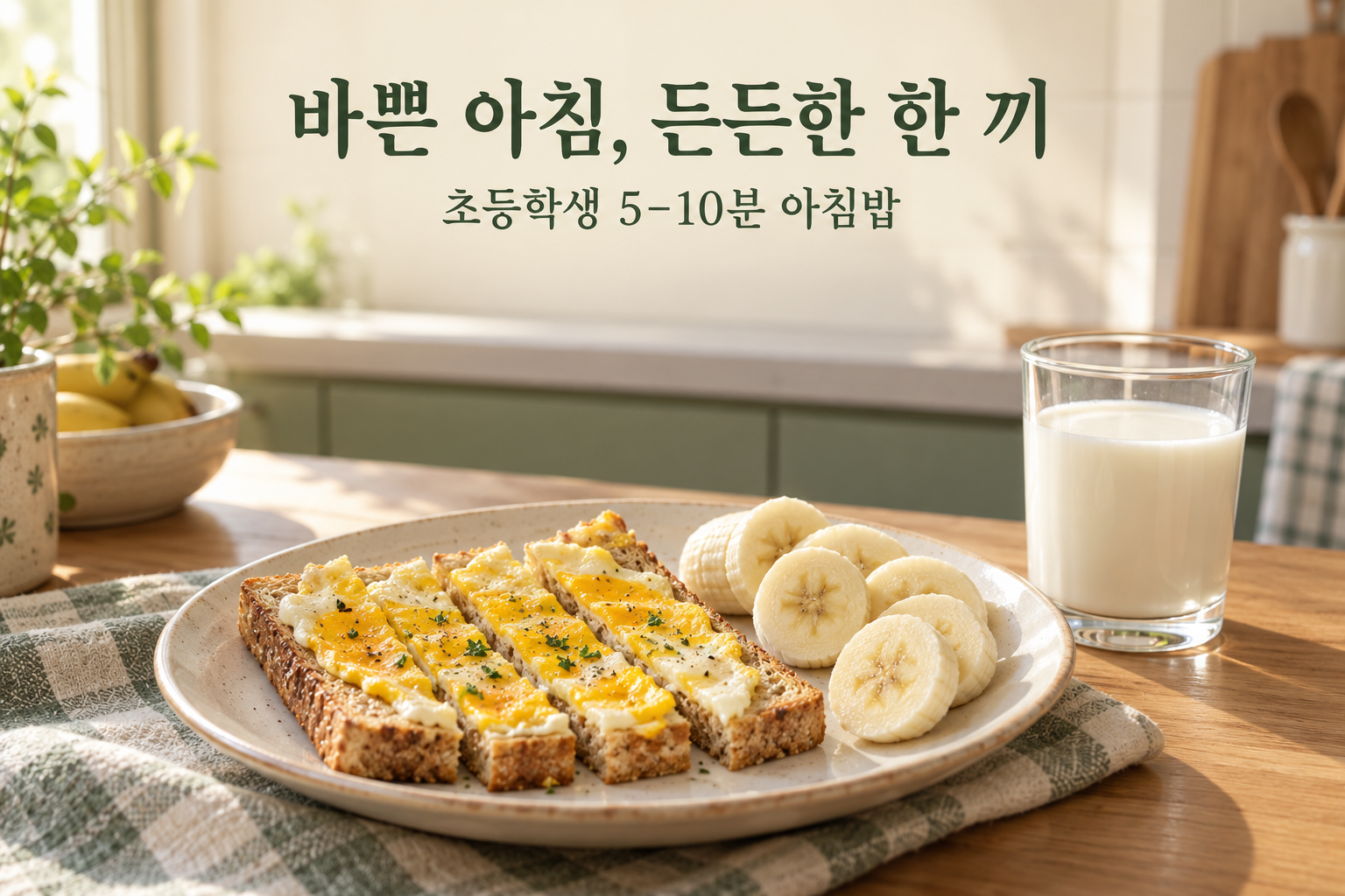 초등학생을 위한 달걀 토스트와 바나나 우유 아침식사