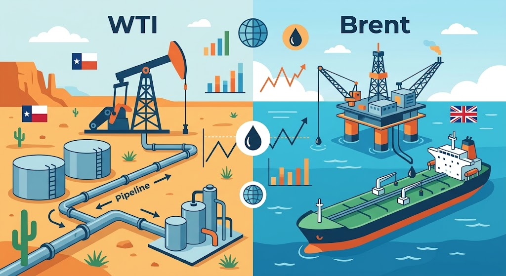 WTI(서부 텍사스유)와 브렌트유(북해산)의 생산 지역 및 운송 방식을 시각적으로 비교한 모던 일러스트. 왼쪽은 미국 내륙의 파이프라인과 저장 탱크, 오른쪽은 북해의 해상 플랫폼과 유조선을 보여준다.