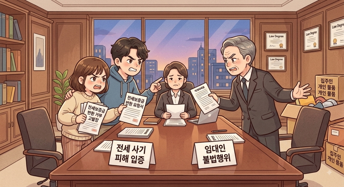 전세 보증금 반환을 놓고 분쟁중인 임대인과 임차인을 표현한 이미지