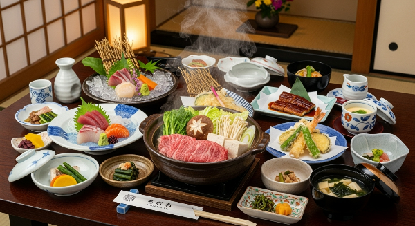 전통 일본 료칸에서 정갈하게 차려진 가이세키 요리 한 상, 따뜻하고 풍성한 미식 경험을 보여주는 모습.