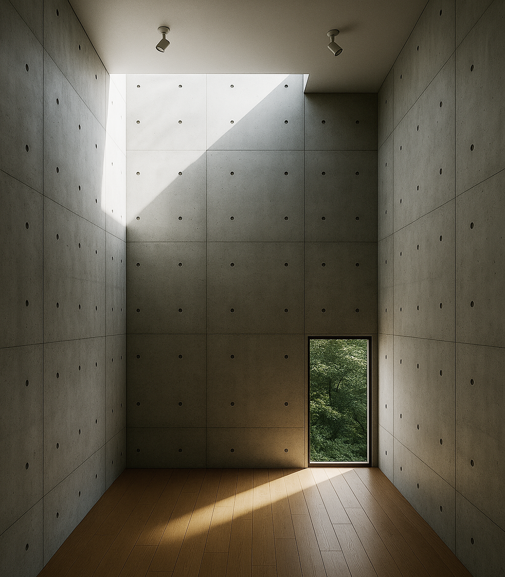 안도 타다오 건축물 스타일의 인테리어, 노출 콘크리트 벽과 원목 마루, 천창에서 들어오는 빛과 작은 창으로 보이는 자연이 어우러진 미니멀 공간