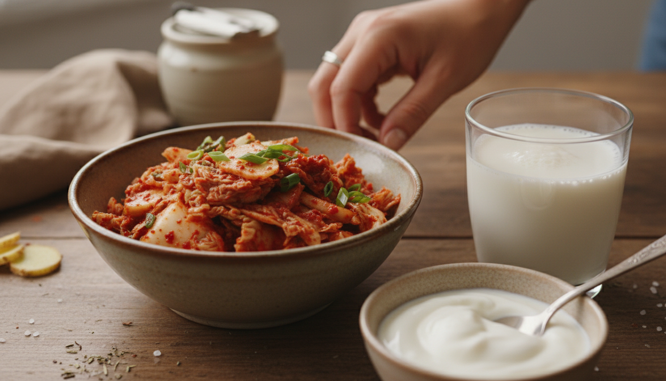 장 건강에 좋은 김치, 케피어, 요거트 등 발효식품이 놓인 테이블 클로즈업 이미지