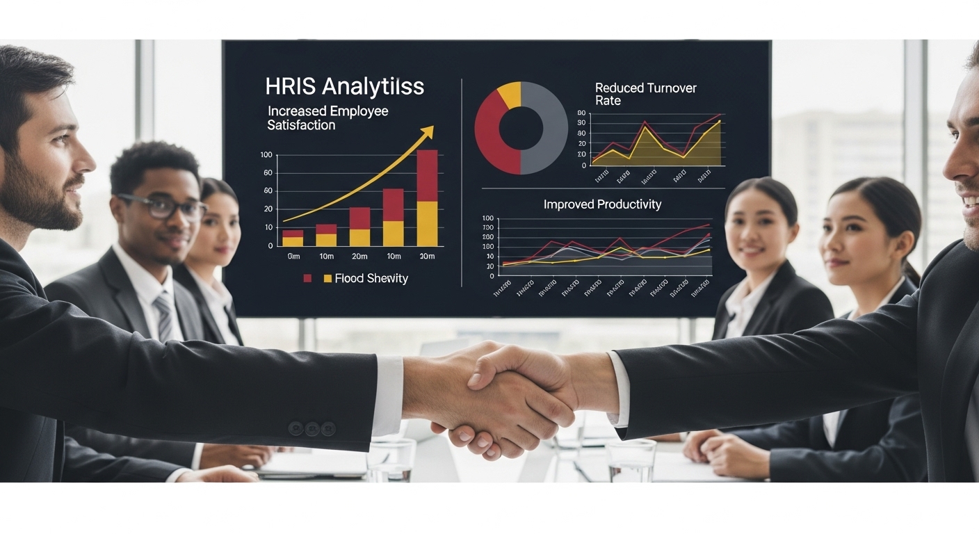 HRIS 도입 후 성공적인 비즈니스 성과를 논의하고 만족해하는 기업 경영진과 직원들