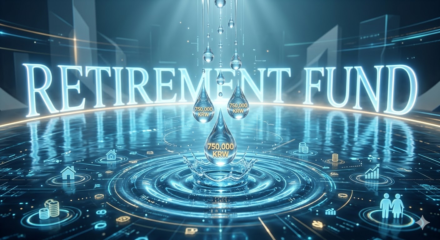 '매달 75만 원'이라는 물방울이 모여 '은퇴 자금'이라는 거대한 호수를 이루고, 그 위에 KODEX 200 깃발이 꽂힌 3D 그래픽