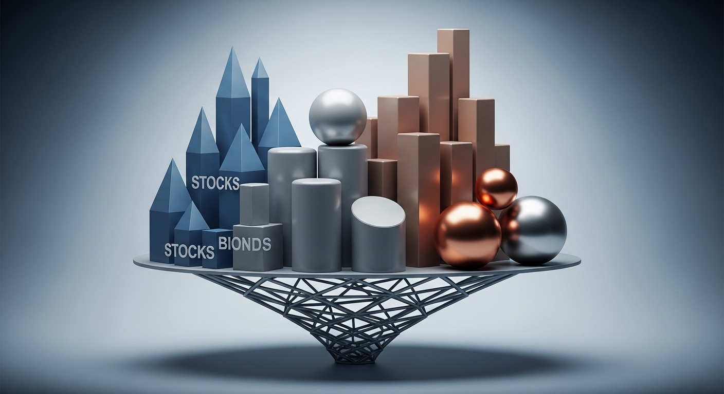 주식, 채권, 부동산 등 다양한 자산군이 균형 있게 배분된 포트폴리오를 시각적으로 표현한 이미지.