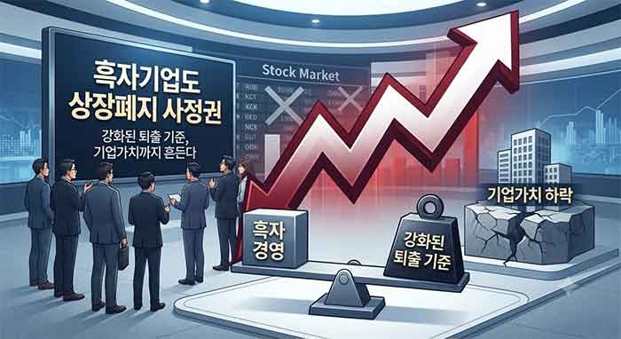 강화된 퇴출 기준과 흑자 기업의 위기 상황을 표현한 이미지.