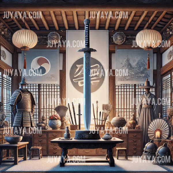 전통적인 한국 무사의 방 한가운데 거궐이 놓여 있는 모습, 주변에는 갑옷과 전통 장식품들이 배치