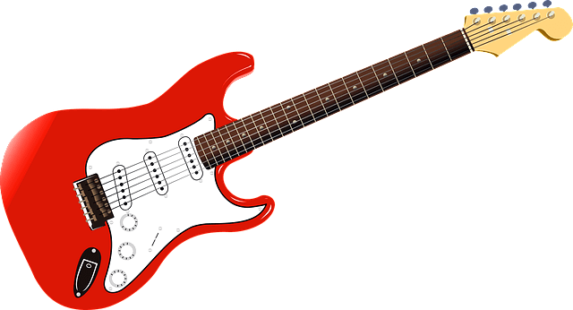 빨간색 기타의 옆모습이다 기타 대는 갈색이다. 음악 작곡자의 기타다.