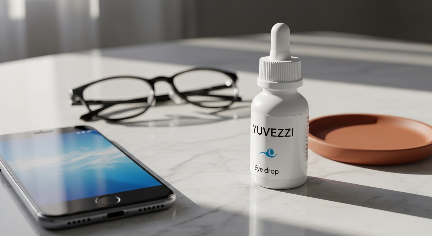 탁자위에 안경,휴대폰,yuvezzi안약, 접시가 올려져 있다