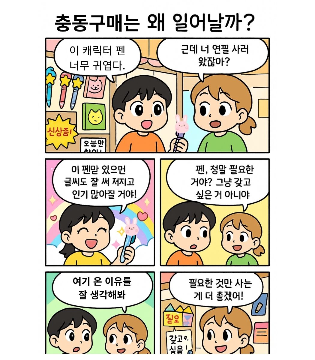 초등학생이 문구점에서 충동구매를 참아내는 과정을 다룬 4컷 만화. 갖고 싶은 것과 필요한 것을 구분하는 소비 교육 내용