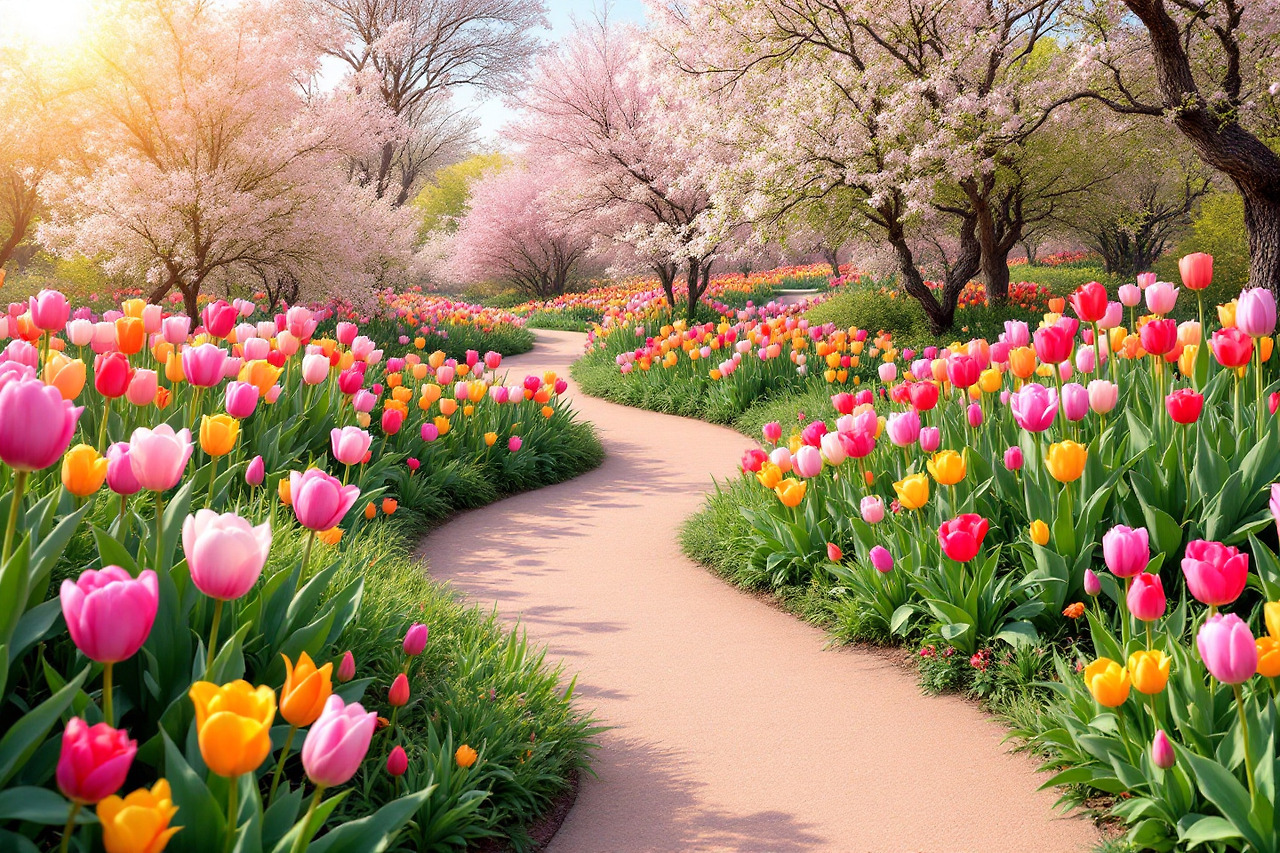 여러가지 꽃들이 아름답게 피어있는 시골길