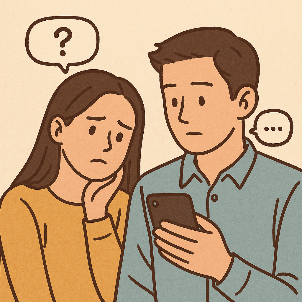 휴대폰을 바라보는 남성과 그 옆에서 걱정스러운 표정으로 지켜보는 여성