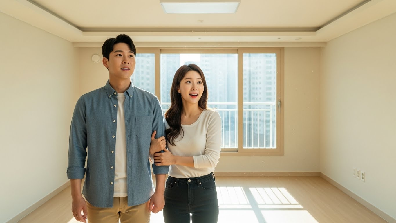 전세 자금 대출을 통해 마련한 신혼집을 둘러보는 한국 신혼부부의 모습