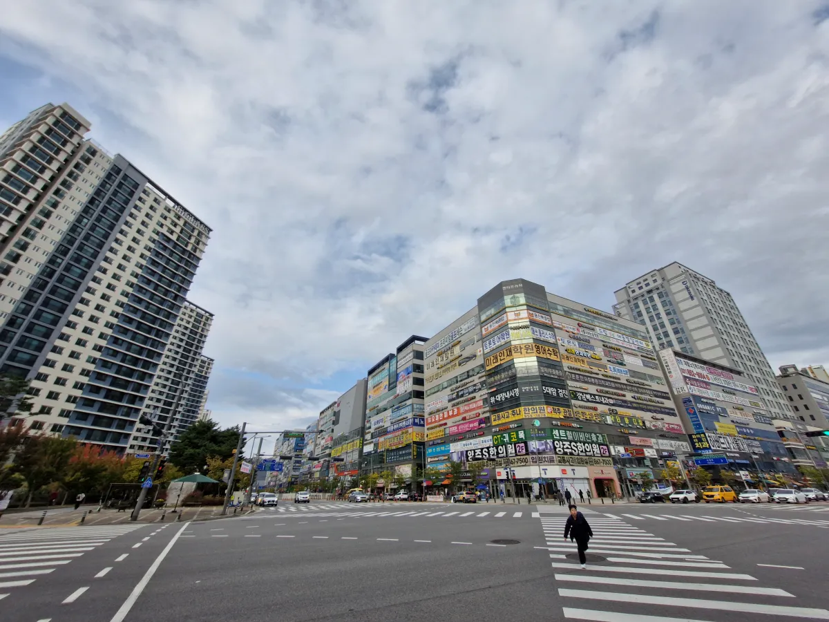 도로사이로-커다랗게-형성되어-있는-중심-상권의-모습-상가들이-가득차있다