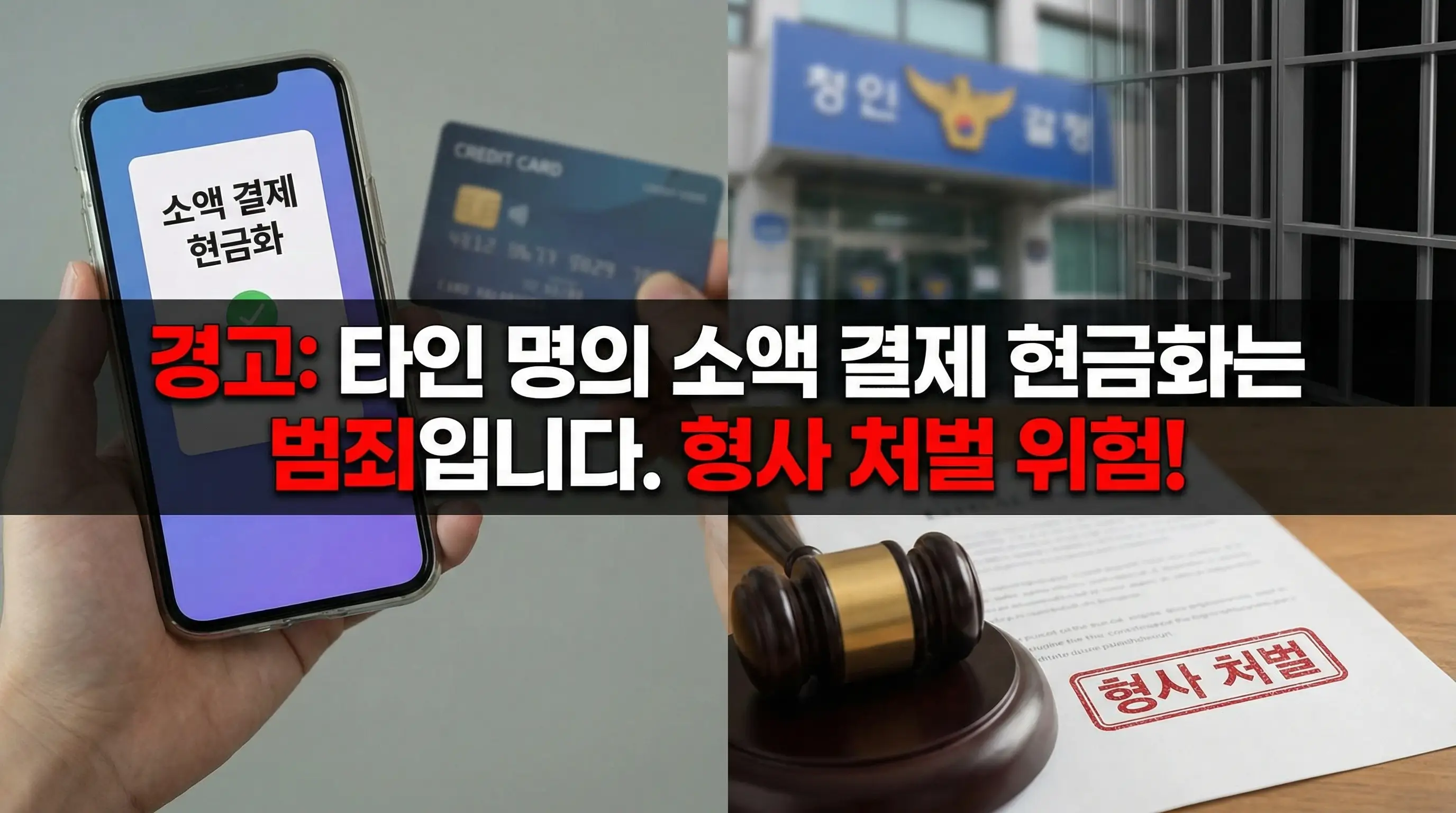 타인 명의로 소액 결제 현금화를 시도할 경우 받게 되는 형사 처벌 위험성을 경고하는 이미지