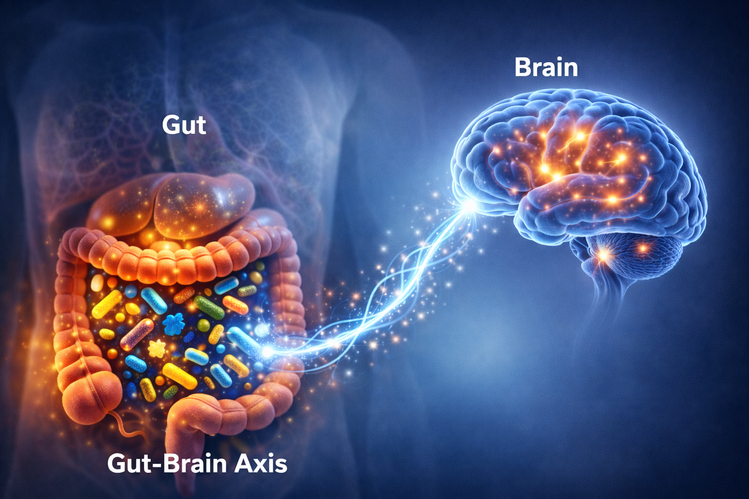 장내 미생물, 장, 뇌가 신경 경로로 연결된 구조를 설명하는 건강 정보 이미지