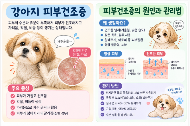 강아지 피부건조증 원인과 관리법｜각질&middot;비듬&middot;가려움이 생기는 이유와 해결 방법