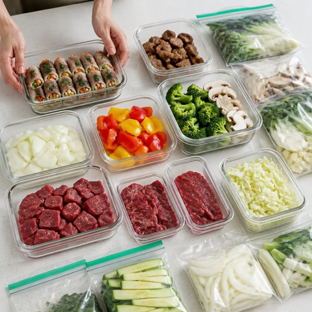 고기말이, 깍둑썰기 한 고기, 손질된 채소들이 용기와 지퍼백에 깔끔하게 준비된 밀프렙 모습