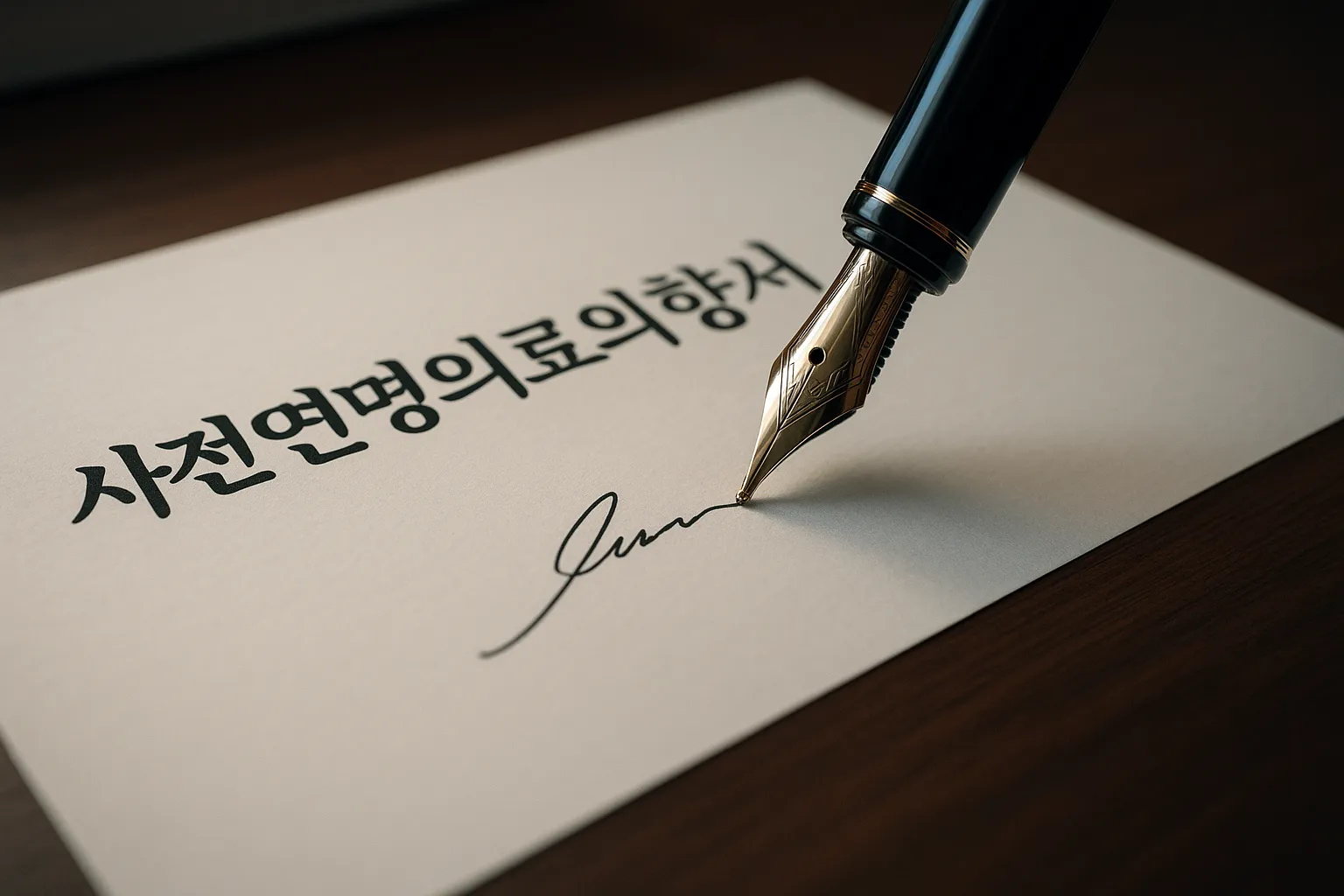 "존엄한 마무리를 위해 '사전연명의료의향서'에 서명하는 모습"