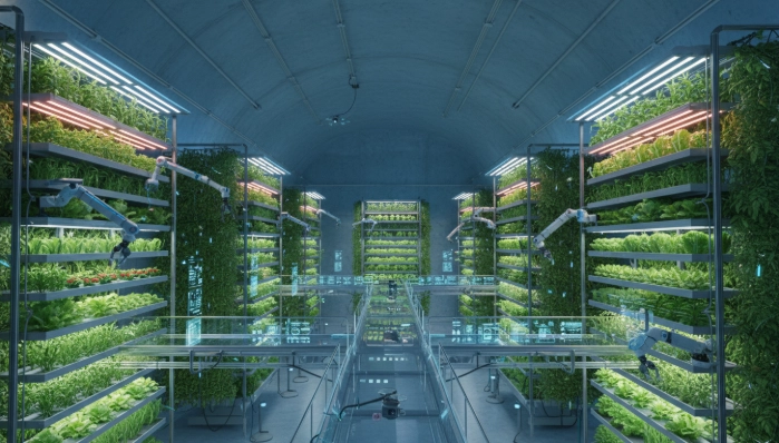 로봇 팔이 식물을 돌보는 미래형 수직 농장에서 친환경 기술을 보여주는 모습.