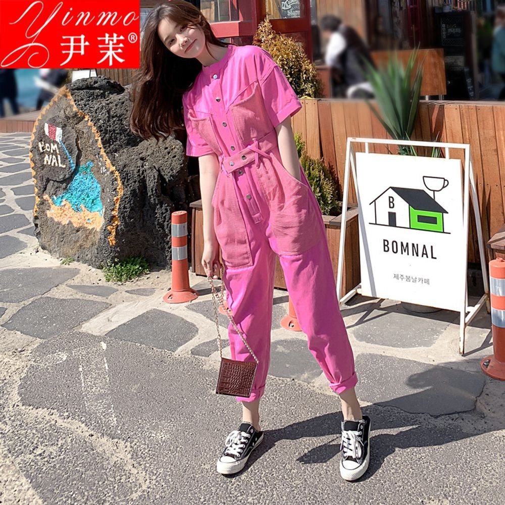 핑크점프수트 와이드 벨티드 카고 반팔 보세
