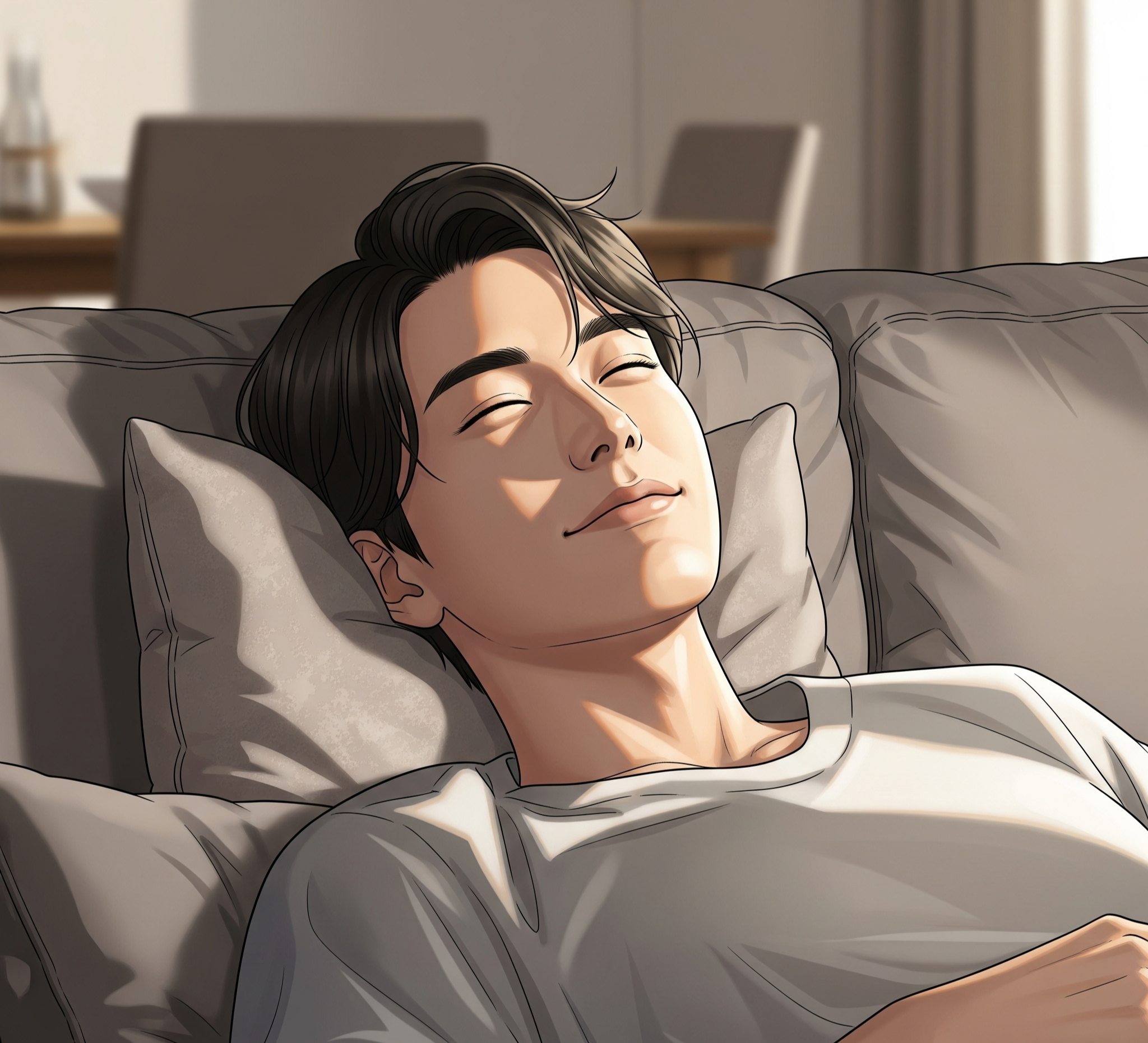 밥 먹고 바로 누워서 행복한 남자 일러스트