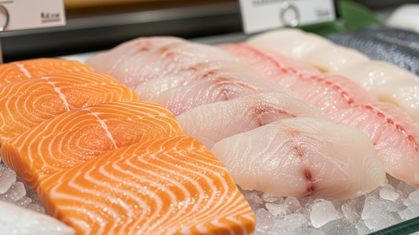 신선하고 위생적으로 준비된 고품질 연어와 흰살생선회 클로즈업