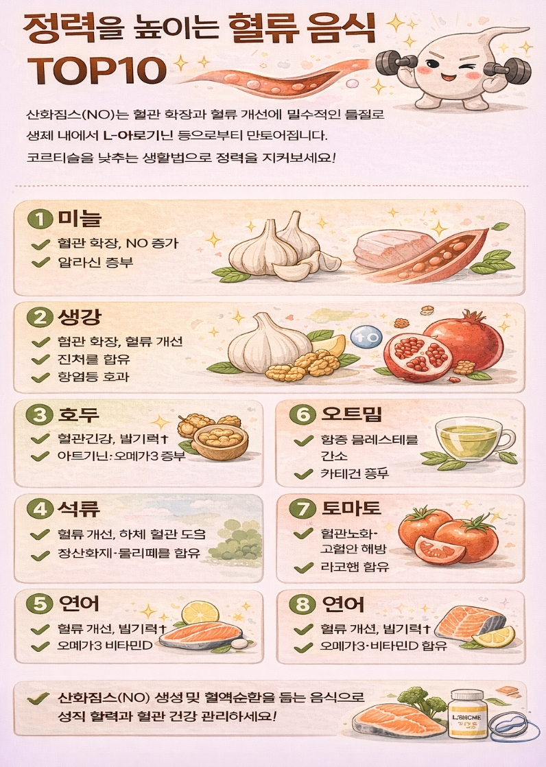 정력을 높이는 혈류 음식 TOP10 — 산화질소(NO)를 높여 활력을 살리는 식단