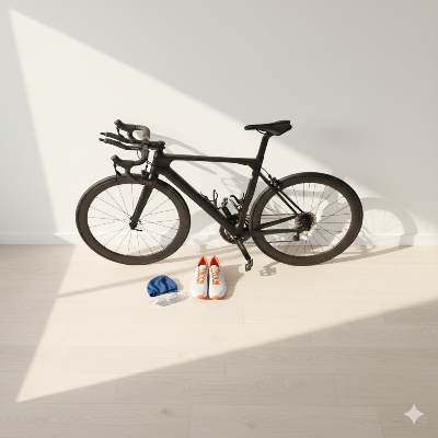 수영, 사이클, 러닝 장비가 햇살 아래 놓여 있는 평온한 회복 훈련의 이미지