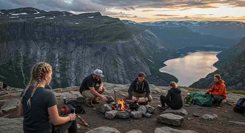 노르웨이에서 캠핑을 즐기고 있는 젊은이들
