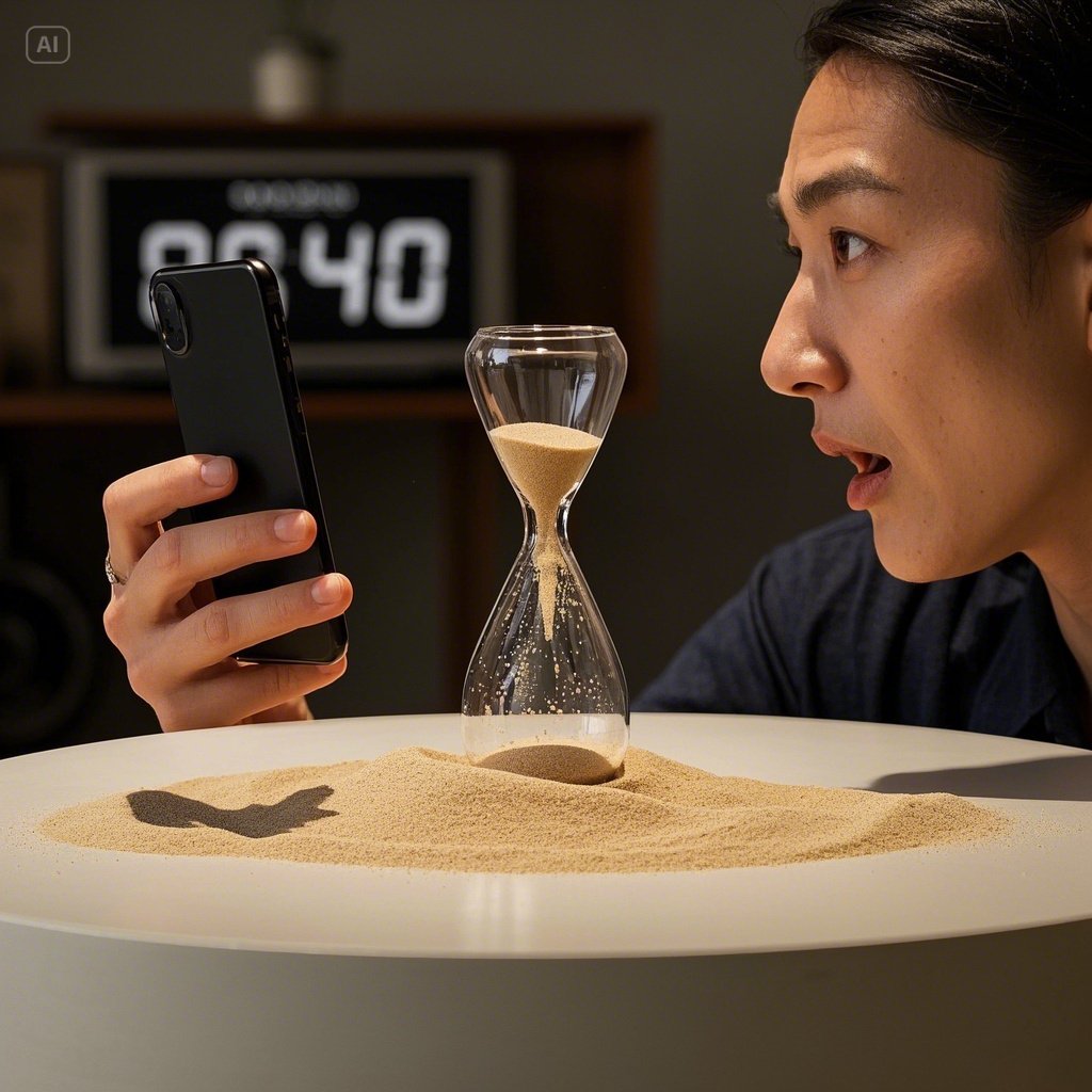 스마트폰 화면을 바라보며 놀라는 사람과 흐려지는 디지털 시계