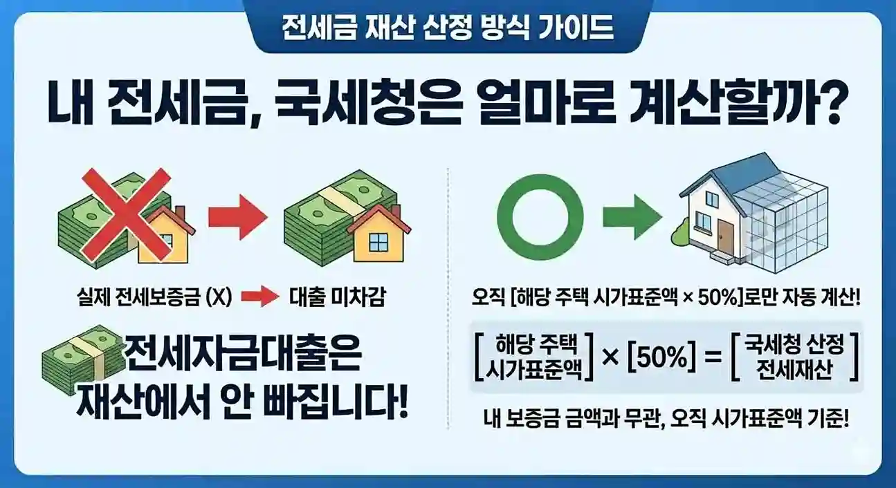 전세보증금 계산법을 실제 보증금과 비교하여 설명하는 인포그래픽. 국세청 평가 기준인 '지방세 시가표준액의 50%'를 명확히 보여주어 이해를 돕습니다.