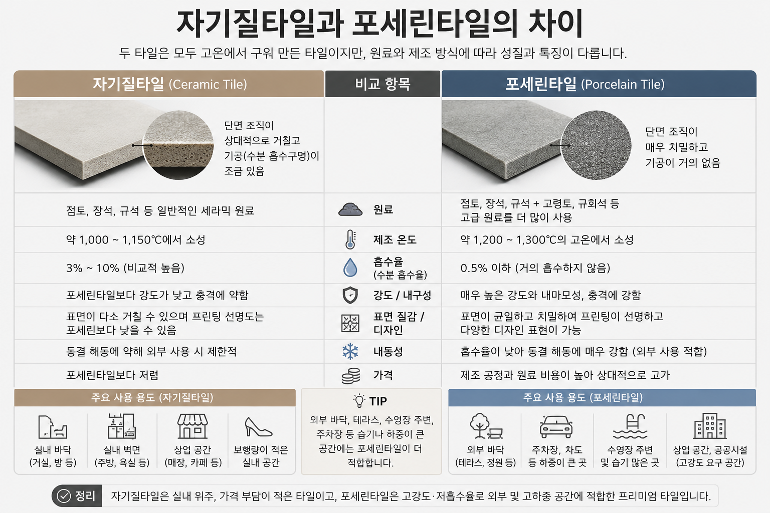 자기질타일과 포세린타일의 차이