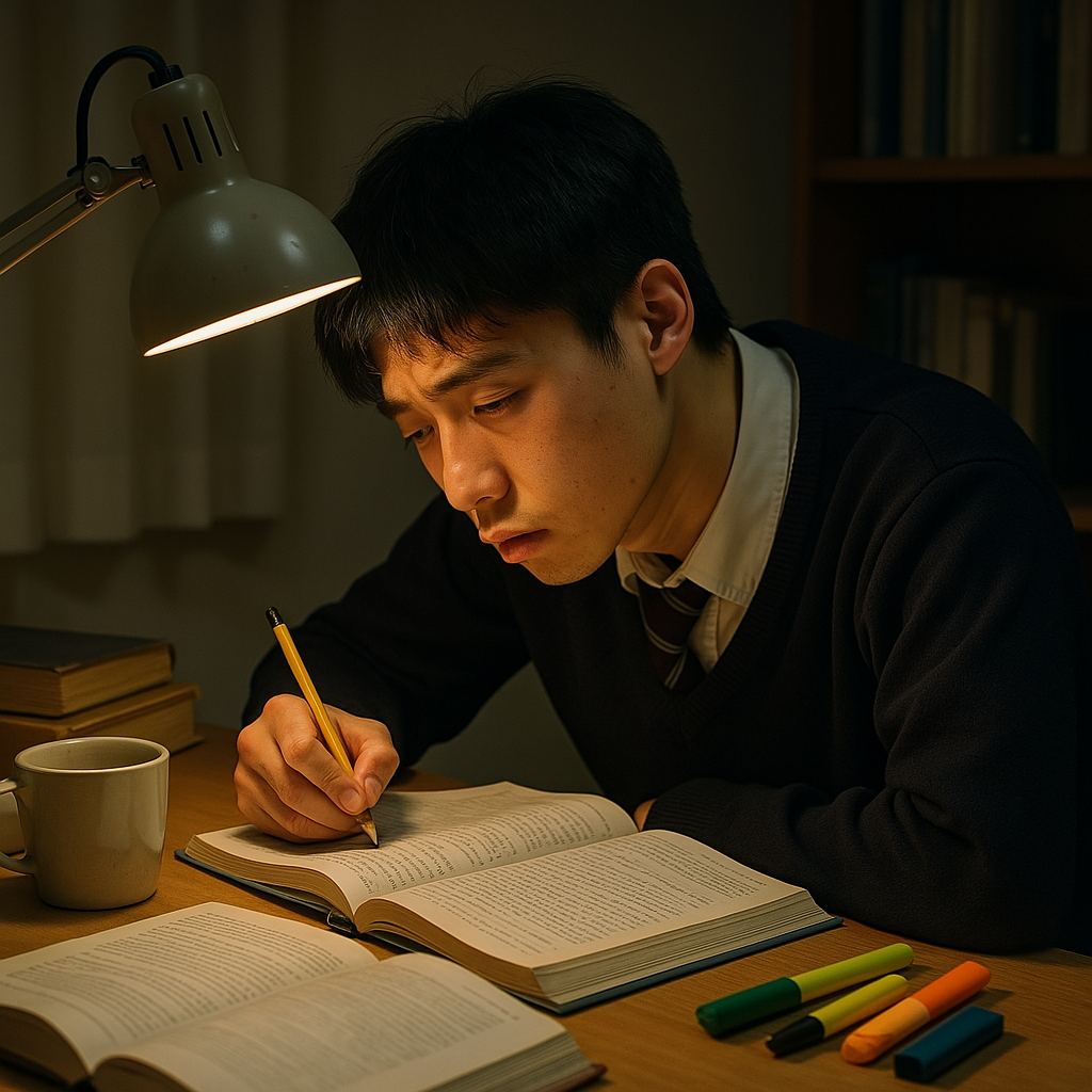 장시간 책상에 앉아 공부하는 수험생의 거북목 자세, 고개를 숙인 채 책을 보며 목에 과도한 압력이 가해지는 상황