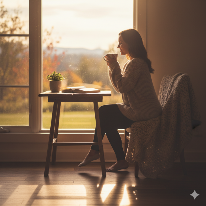 따뜻한 햇살이 비추는 창가에 앉아 커피를 마시며 미소 짓는 사람의 뒷모습, 편안하고 행복한 분위기
