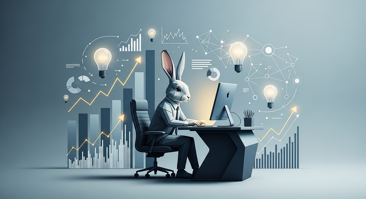 2026년 토끼띠의 직업적 성장을 보여주는 이미지. 책상에 앉아 아이디어를 내고 동료와 협력하는 모습.