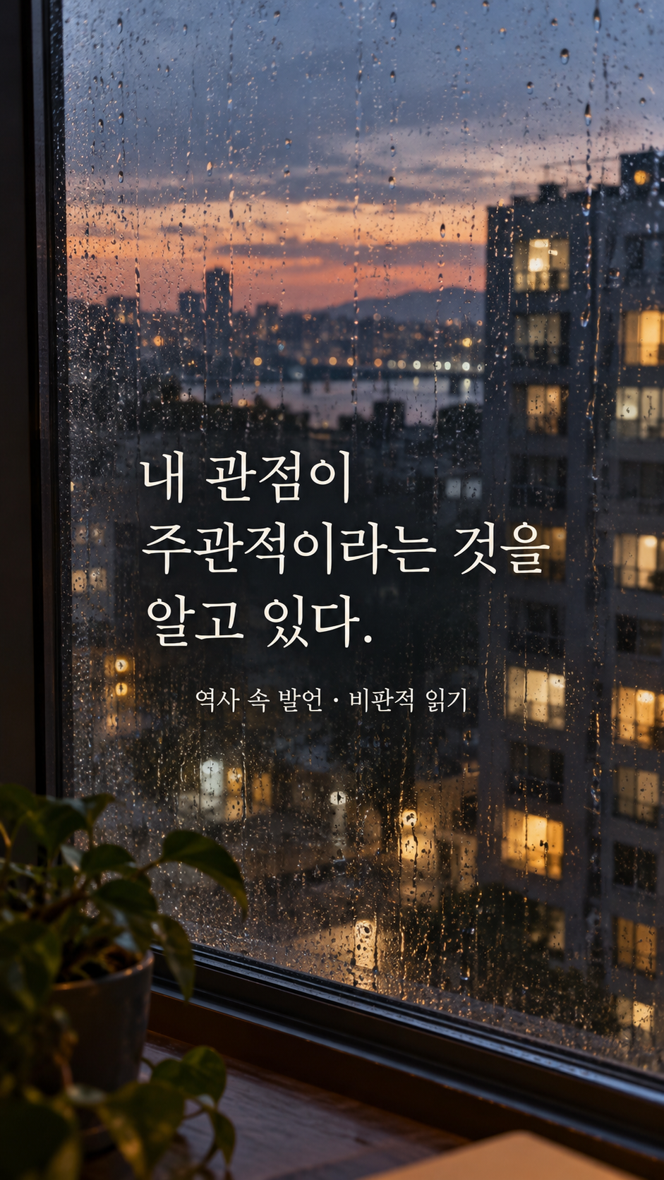 빛이 여러 겹으로 번지는 빗물 묻은 창유리 — 내 관점이 주관적이라는 것을 알고 있다.