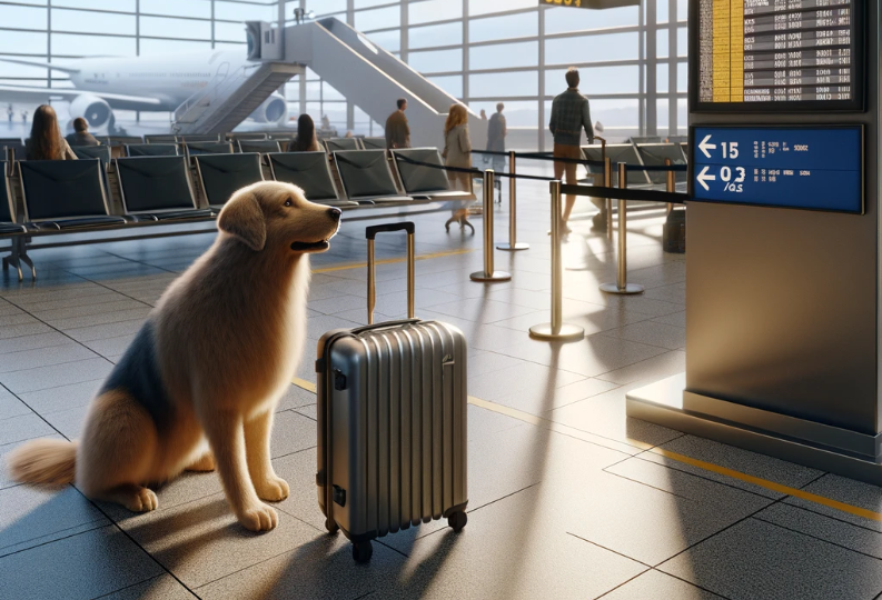 공항에 골든리트리버 성견 1마리와 그 앞에 은색 캐리어 가방 1개가 놓여져있다.