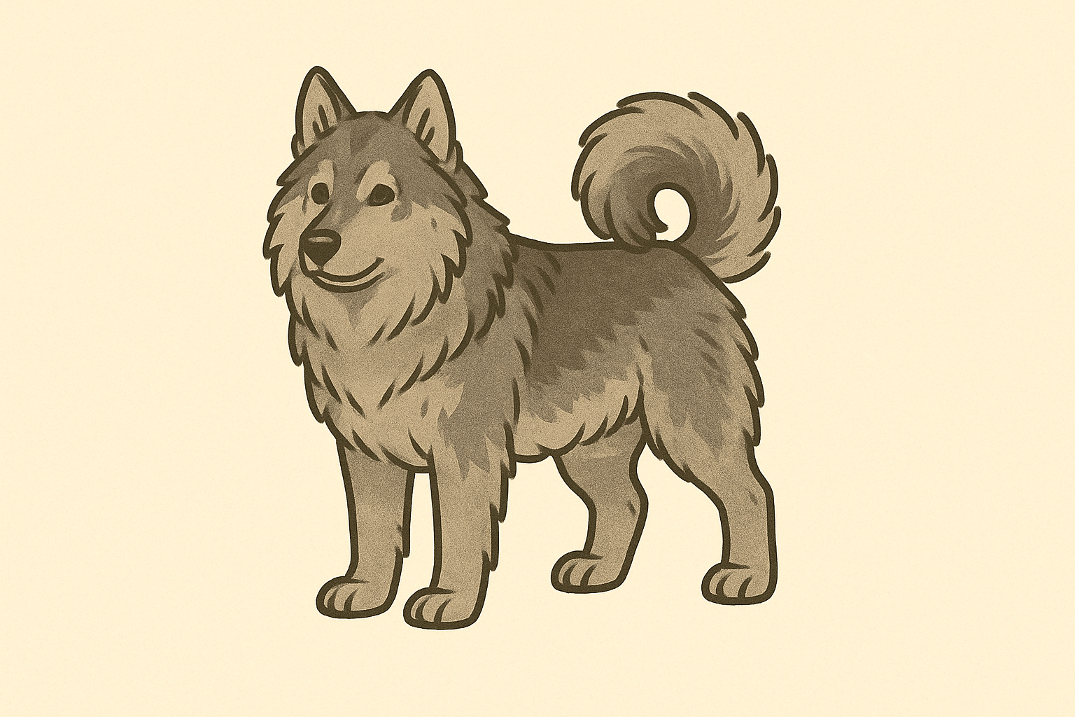 울프독 견종 성견 1마리가 얼굴 왼쪽, 꼬리는 오른쪽을 향하도록 서있는 모습을 만화처럼 그렸음.