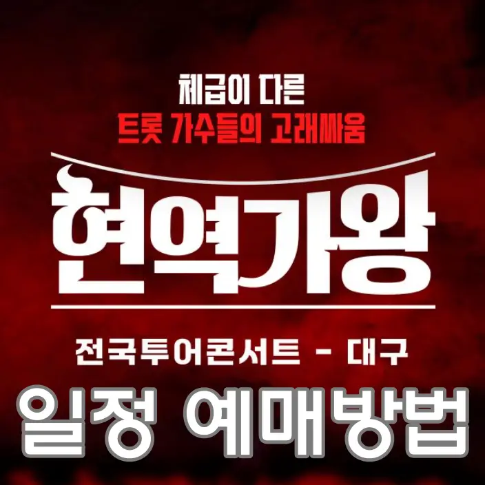 현역가왕-
붉은 바탕 안 흰글씨 현역가왕
아래 흰글씨 전국투어콘서트-대구
아래 흰글씨 일정 예매방법