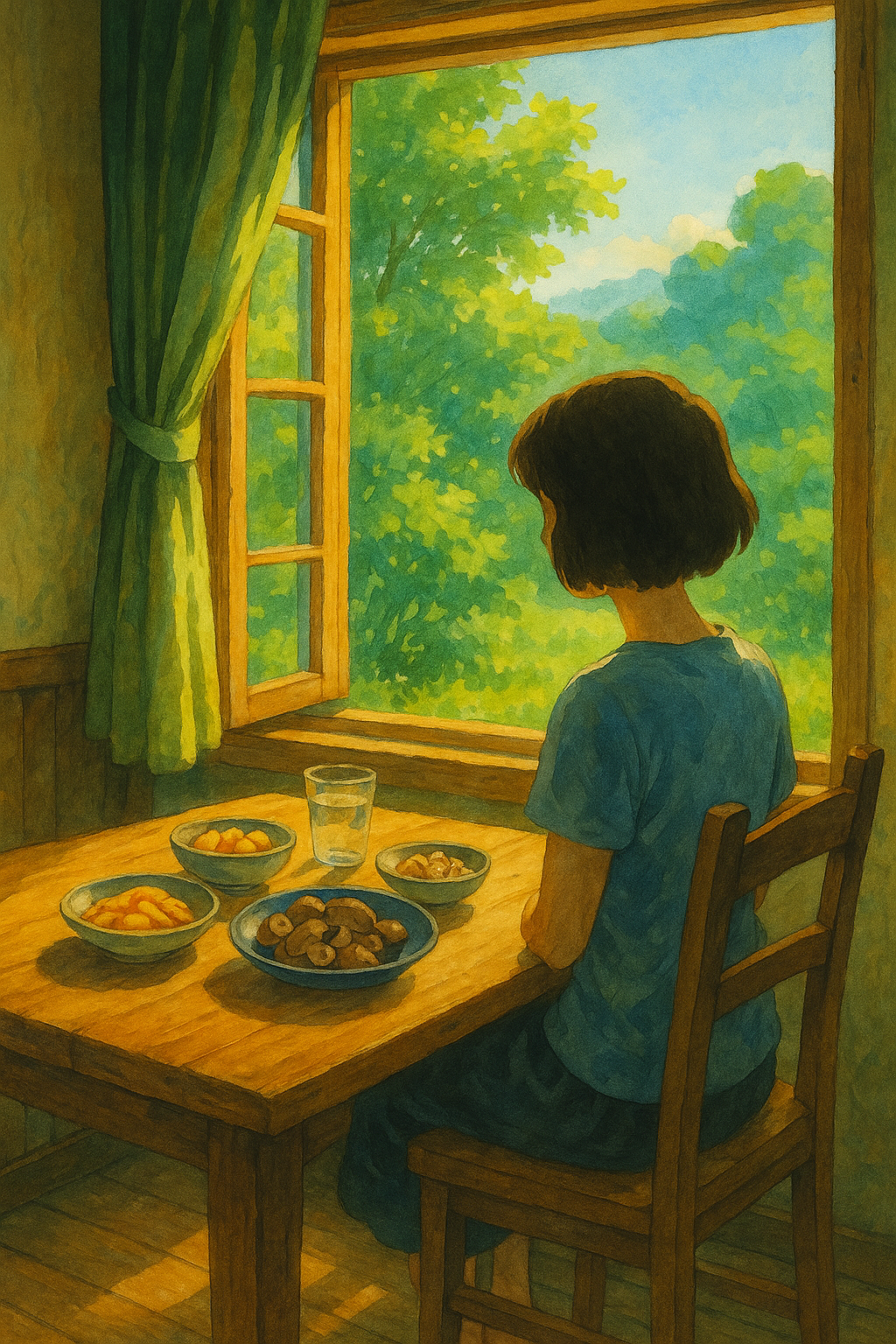 햇빛이 들어오는 창가에서 표고버섯과 식재료가 놓인 식탁을 바라보는 사람의 뒷모습, 기후와 환경에 맞춘 비타민 D 회복과 신토불이를 상징하는 장면