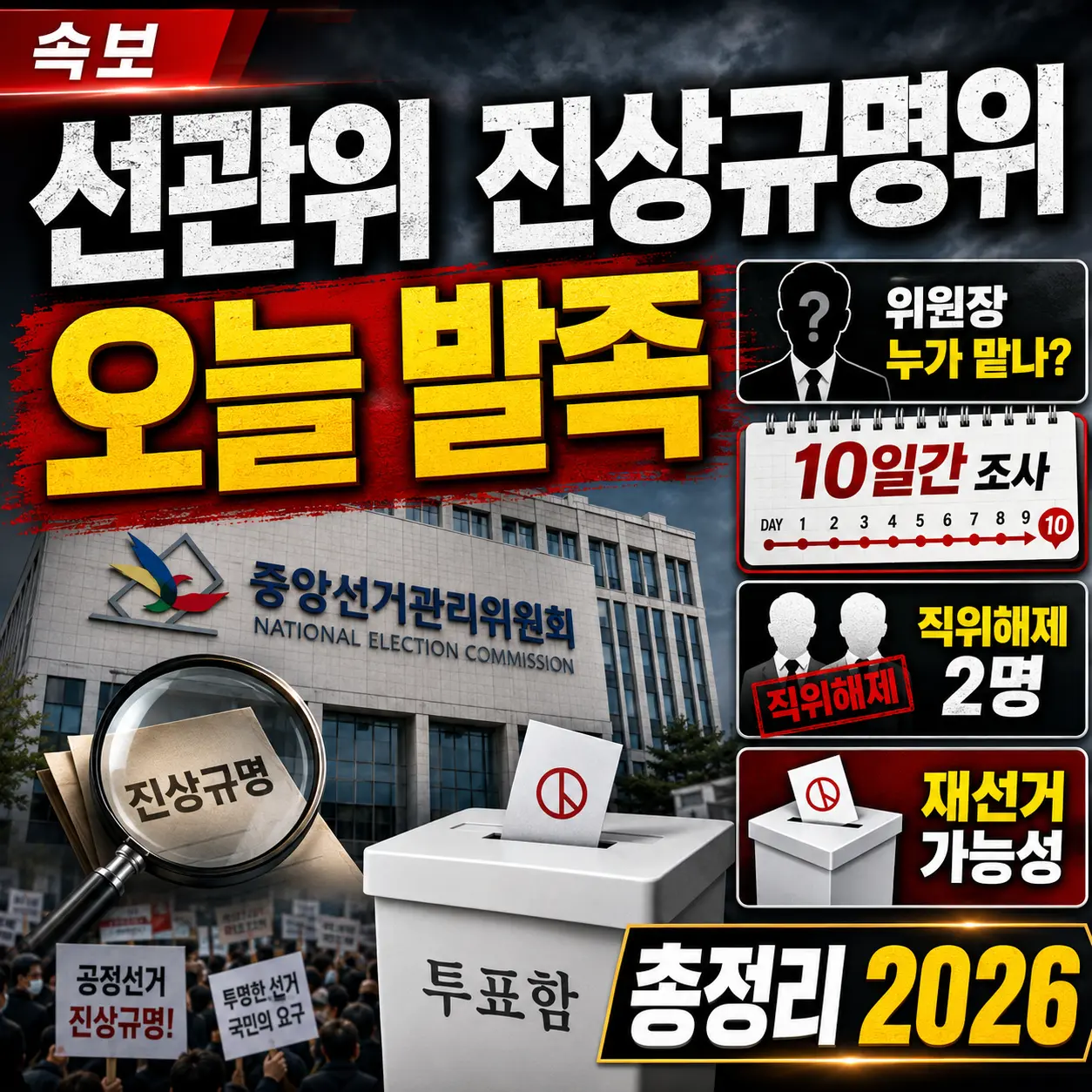 선관위 진상규명위 오늘 발족 &mdash; 위원장 누가 맡나&middot;10일간 조사 일정&middot;직위해제 2명&middot;재선거 가능성 총정정리 2026