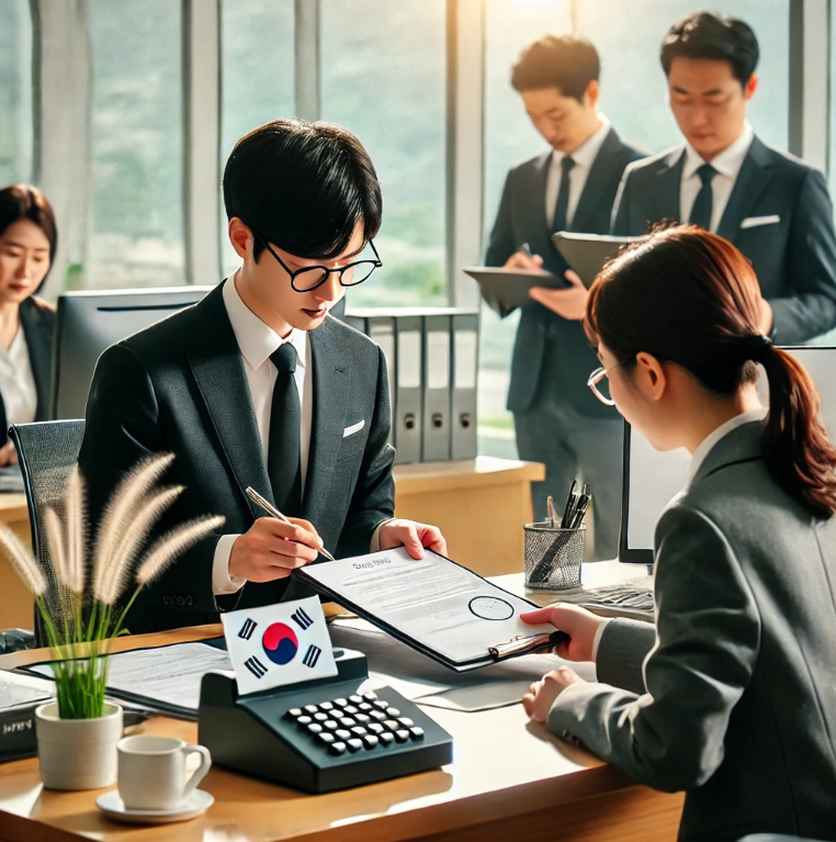 정부 사무실에서 서류를 제출하며 사망일시금을 청구하는 장면