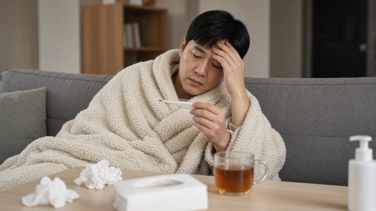 이마에 손을 대고 체온계를 확인하는 30대 한국인 직장인 남성, 담요를 두른 거실