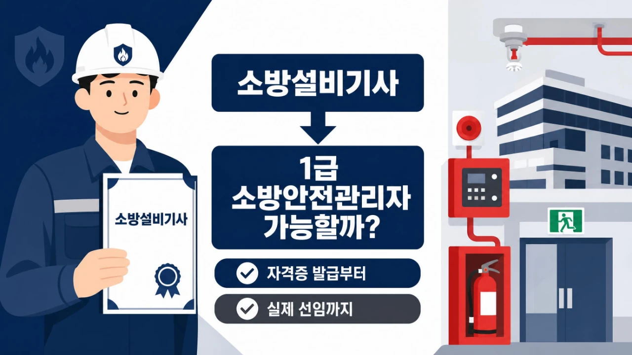 소방설비기사로 1급 소방안전관리자 자격증 발급과 선임 절차를 설명하는 이미지