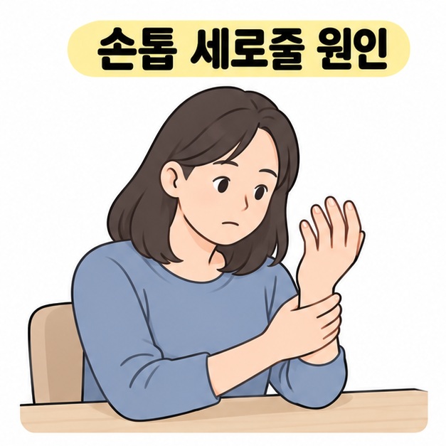 손톱 세로줄 원인 제목 아래 한 손을 들어 자신의 손톱을 살펴보는 여성